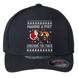 Santa Reindeer Making A Fist Checking You Twice Hockey Xmas Gift Flexfit Unipanel Trucker Cap