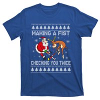 Santa Reindeer Making A Fist Checking You Twice Hockey Xmas Gift T-Shirt