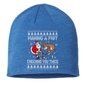 Santa Reindeer Making A Fist Checking You Twice Hockey Xmas Gift Sustainable Beanie