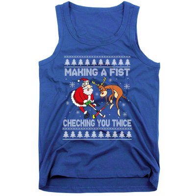 Santa Reindeer Making A Fist Checking You Twice Hockey Xmas Gift Tank Top