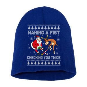 Santa Reindeer Making A Fist Checking You Twice Hockey Xmas Gift Short Acrylic Beanie