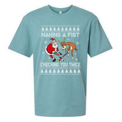 Santa Reindeer Making A Fist Checking You Twice Hockey Xmas Gift Sueded Cloud Jersey T-Shirt