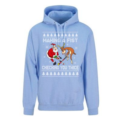 Santa Reindeer Making A Fist Checking You Twice Hockey Xmas Gift Unisex Surf Hoodie