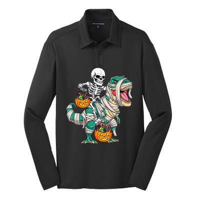 Skeleton Riding Mummy Dinosaur T Rex Funny Halloween Silk Touch Performance Long Sleeve Polo