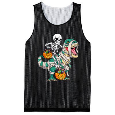 Skeleton Riding Mummy Dinosaur T Rex Funny Halloween Mesh Reversible Basketball Jersey Tank