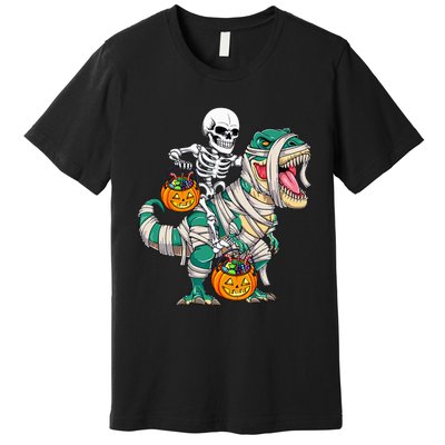 Skeleton Riding Mummy Dinosaur T Rex Funny Halloween Premium T-Shirt