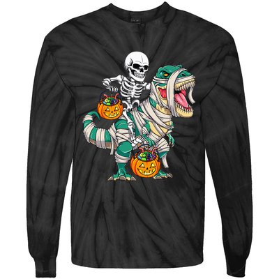 Skeleton Riding Mummy Dinosaur T Rex Funny Halloween Tie-Dye Long Sleeve Shirt