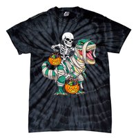 Skeleton Riding Mummy Dinosaur T Rex Funny Halloween Tie-Dye T-Shirt