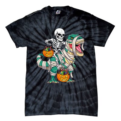 Skeleton Riding Mummy Dinosaur T Rex Funny Halloween Tie-Dye T-Shirt