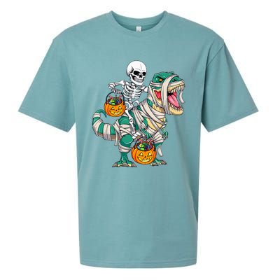 Skeleton Riding Mummy Dinosaur T Rex Funny Halloween Sueded Cloud Jersey T-Shirt