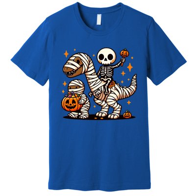 Skeleton Riding Mummy Dinosaur Halloween Funny Premium T-Shirt