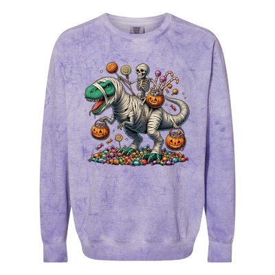 Skeleton Riding Mummy Dinosaur Halloween Funny Pumpkin Colorblast Crewneck Sweatshirt