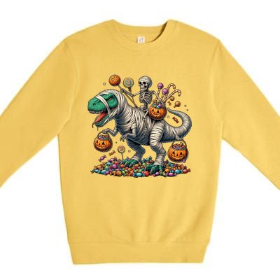 Skeleton Riding Mummy Dinosaur Halloween Funny Pumpkin Premium Crewneck Sweatshirt