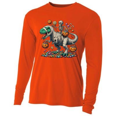 Skeleton Riding Mummy Dinosaur Halloween Funny Pumpkin Cooling Performance Long Sleeve Crew