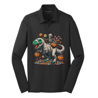 Skeleton Riding Mummy Dinosaur Halloween Funny Pumpkin Silk Touch Performance Long Sleeve Polo