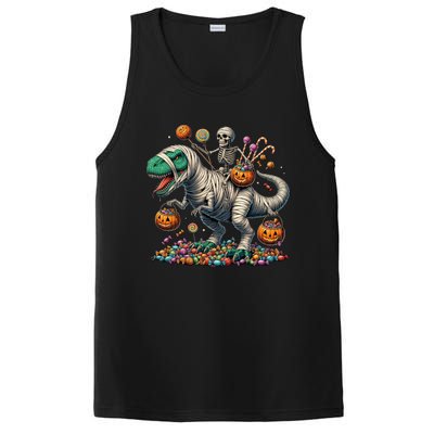 Skeleton Riding Mummy Dinosaur Halloween Funny Pumpkin PosiCharge Competitor Tank