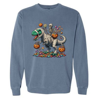 Skeleton Riding Mummy Dinosaur Halloween Funny Pumpkin Garment-Dyed Sweatshirt