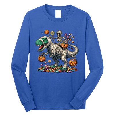 Skeleton Riding Mummy Dinosaur Halloween Funny Pumpkin Long Sleeve Shirt