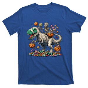 Skeleton Riding Mummy Dinosaur Halloween Funny Pumpkin T-Shirt