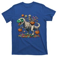 Skeleton Riding Mummy Dinosaur Halloween Funny Pumpkin T-Shirt