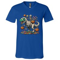 Skeleton Riding Mummy Dinosaur Halloween Funny Pumpkin V-Neck T-Shirt