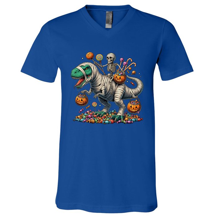 Skeleton Riding Mummy Dinosaur Halloween Funny Pumpkin V-Neck T-Shirt