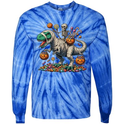 Skeleton Riding Mummy Dinosaur Halloween Funny Pumpkin Tie-Dye Long Sleeve Shirt