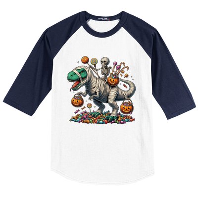 Skeleton Riding Mummy Dinosaur Halloween Funny Pumpkin Baseball Sleeve Shirt