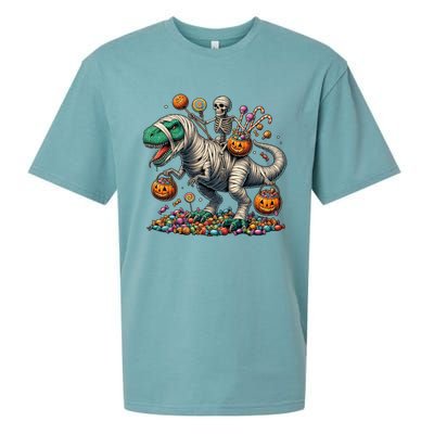 Skeleton Riding Mummy Dinosaur Halloween Funny Pumpkin Sueded Cloud Jersey T-Shirt