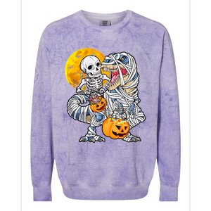 Skeleton Riding Mummy Dinosaur T Rex Halloween Funny Pumpkin Colorblast Crewneck Sweatshirt