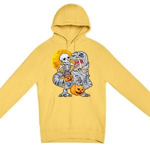 Skeleton Riding Mummy Dinosaur T Rex Halloween Funny Pumpkin Premium Pullover Hoodie