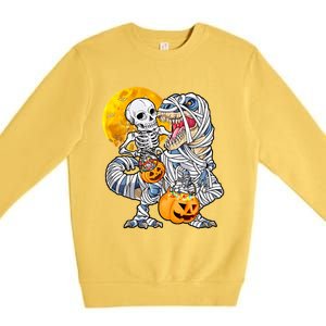 Skeleton Riding Mummy Dinosaur T Rex Halloween Funny Pumpkin Premium Crewneck Sweatshirt