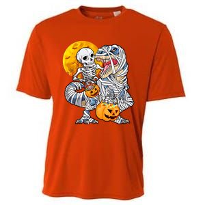 Skeleton Riding Mummy Dinosaur T Rex Halloween Funny Pumpkin Cooling Performance Crew T-Shirt