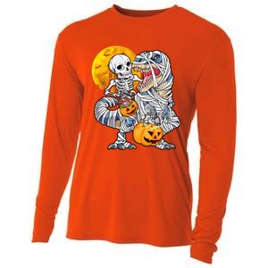 Skeleton Riding Mummy Dinosaur T Rex Halloween Funny Pumpkin Cooling Performance Long Sleeve Crew