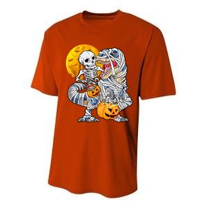 Skeleton Riding Mummy Dinosaur T Rex Halloween Funny Pumpkin Performance Sprint T-Shirt