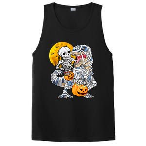 Skeleton Riding Mummy Dinosaur T Rex Halloween Funny Pumpkin PosiCharge Competitor Tank