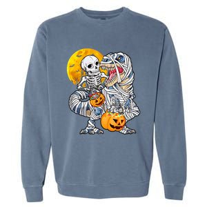 Skeleton Riding Mummy Dinosaur T Rex Halloween Funny Pumpkin Garment-Dyed Sweatshirt