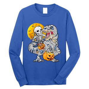 Skeleton Riding Mummy Dinosaur T Rex Halloween Funny Pumpkin Long Sleeve Shirt