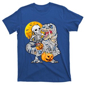 Skeleton Riding Mummy Dinosaur T Rex Halloween Funny Pumpkin T-Shirt