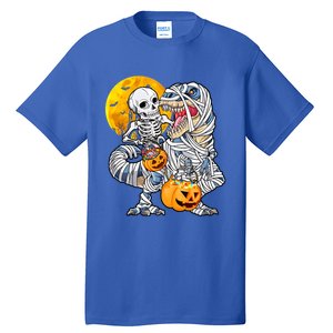 Skeleton Riding Mummy Dinosaur T Rex Halloween Funny Pumpkin Tall T-Shirt