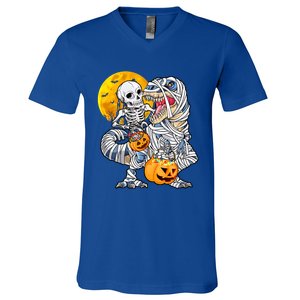 Skeleton Riding Mummy Dinosaur T Rex Halloween Funny Pumpkin V-Neck T-Shirt