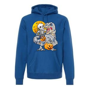 Skeleton Riding Mummy Dinosaur T Rex Halloween Funny Pumpkin Premium Hoodie