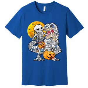 Skeleton Riding Mummy Dinosaur T Rex Halloween Funny Pumpkin Premium T-Shirt