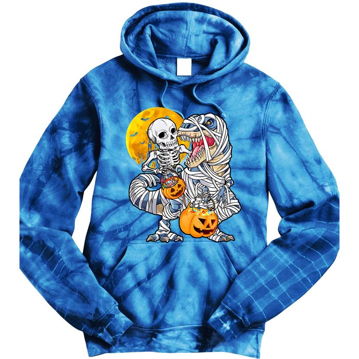 Skeleton Riding Mummy Dinosaur T Rex Halloween Funny Pumpkin Tie Dye Hoodie