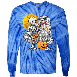 Skeleton Riding Mummy Dinosaur T Rex Halloween Funny Pumpkin Tie-Dye Long Sleeve Shirt