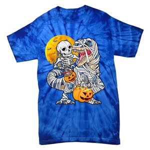 Skeleton Riding Mummy Dinosaur T Rex Halloween Funny Pumpkin Tie-Dye T-Shirt