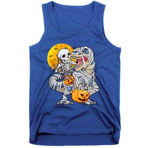 Skeleton Riding Mummy Dinosaur T Rex Halloween Funny Pumpkin Tank Top