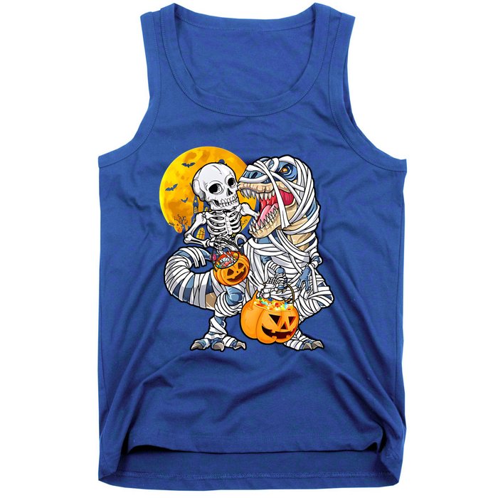 Skeleton Riding Mummy Dinosaur T Rex Halloween Funny Pumpkin Tank Top