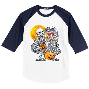 Skeleton Riding Mummy Dinosaur T Rex Halloween Funny Pumpkin Baseball Sleeve Shirt