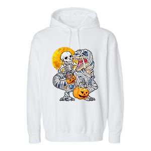 Skeleton Riding Mummy Dinosaur T Rex Halloween Funny Pumpkin Garment-Dyed Fleece Hoodie